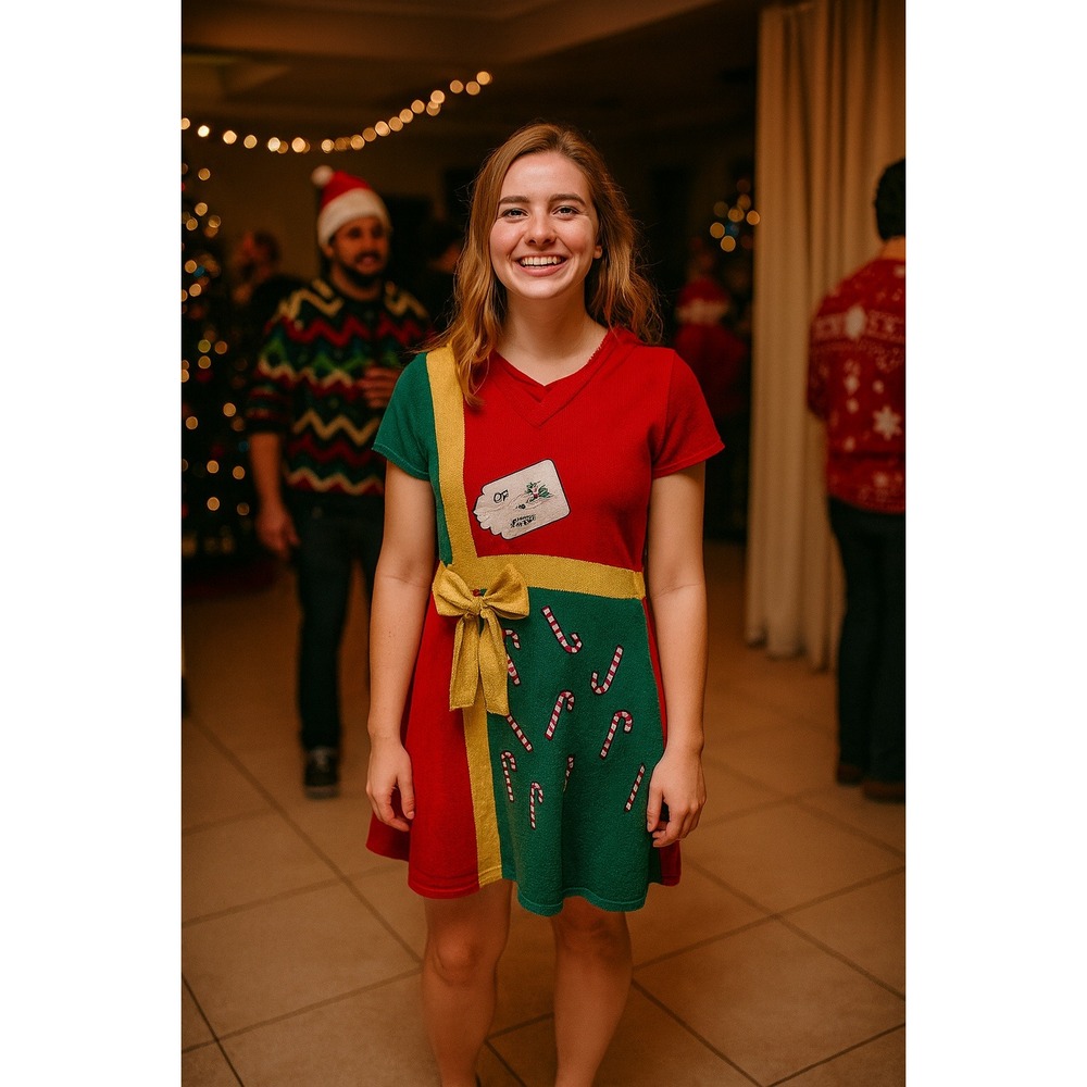 Christmas Gift Ugly HolidayXL Sweater Dress Red Green Gold Bow Candy Canes XL
